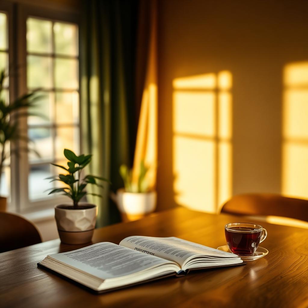 A calm wooden table with a journal and tea in warm light